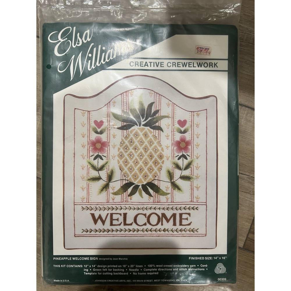 Vintage Elsa Williams Crewel Kit Pineapple Welcome Sign Wool & Linen 14x16